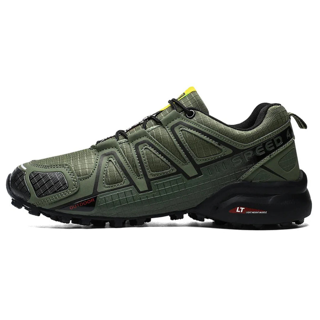 SpeedCross IV trail trainers in use on rugged outdoor terrain demonstrating stability and grip.