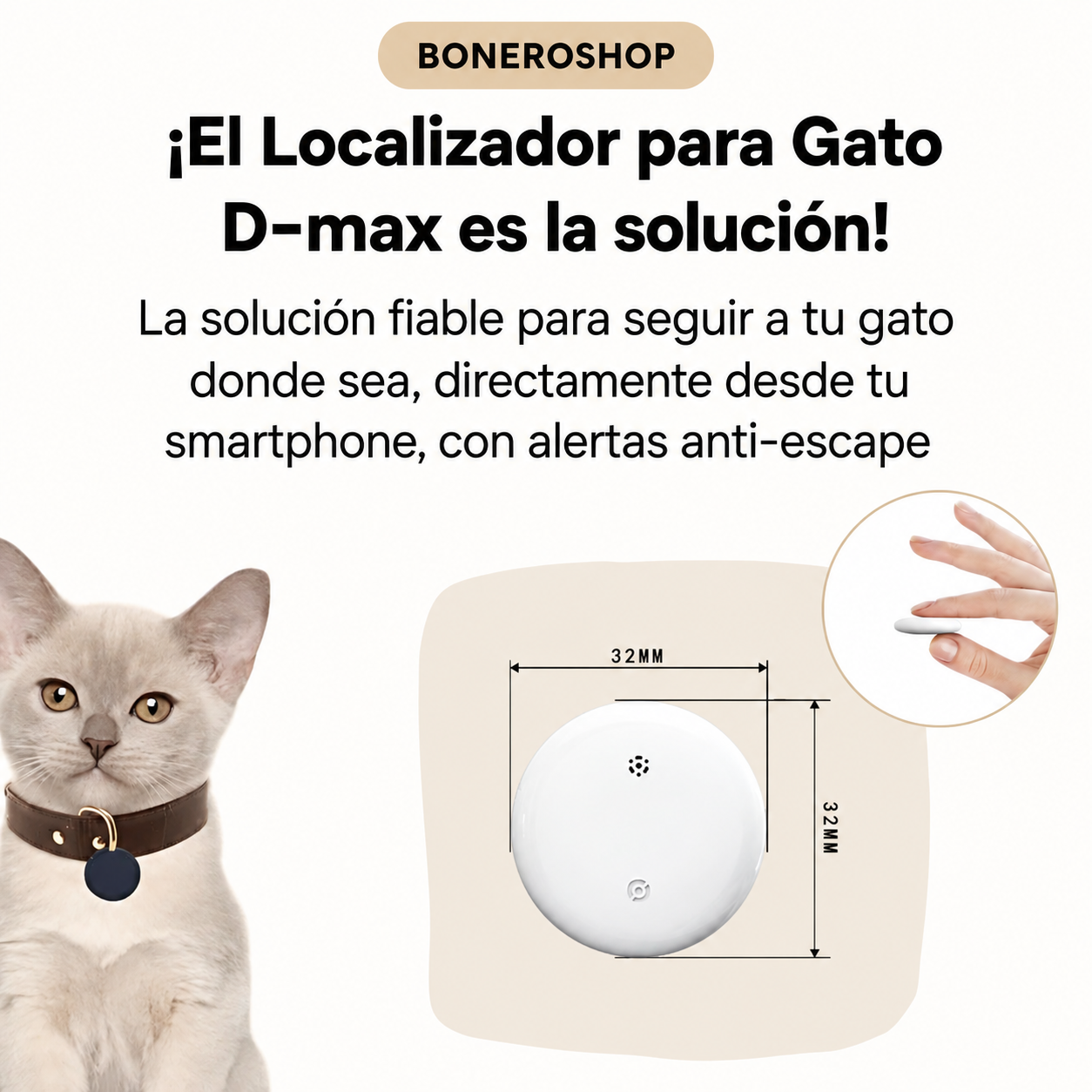 GPS pet tracker featuring replaceable CR2032 battery, illustrating 12-month battery longevity and simple battery change process.
