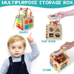 Child playing with MINDBLOX 8-in-1 educational wooden cube featuring xylophone and clock activities