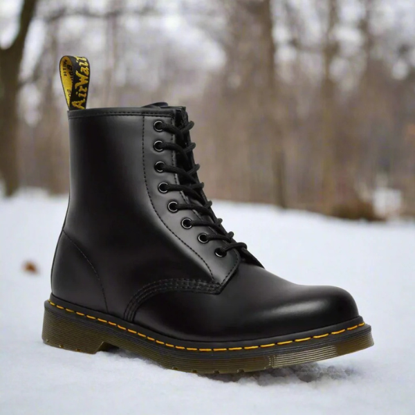 Close-up of Martens leather boots showcasing quality craftsmanship