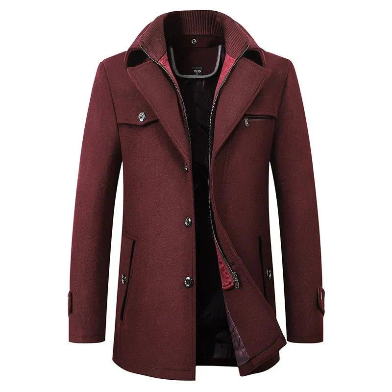 Side view of Andrew coat highlighting the durable construction and modern silhouette