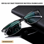 Person wearing BONEROSHOP German Progressive Reading Glasses comfortably reading and working on a laptop.