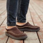 Men's orthopaedic slippers shown from multiple angles highlighting comfort features