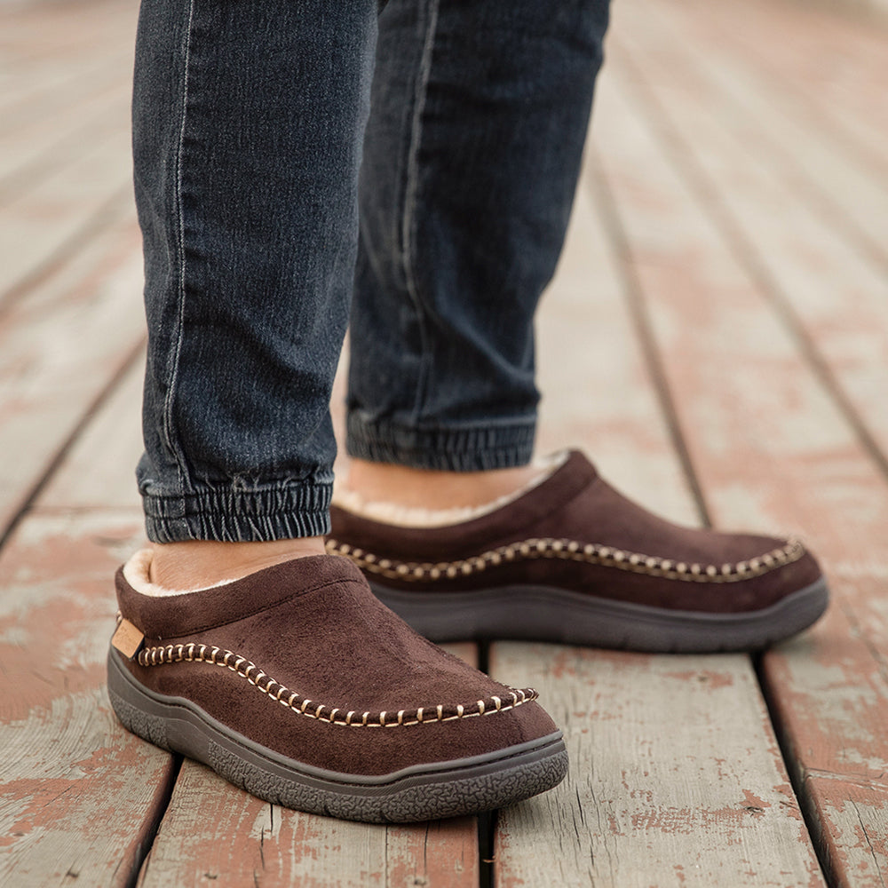 Men's orthopaedic slippers shown from multiple angles highlighting comfort features