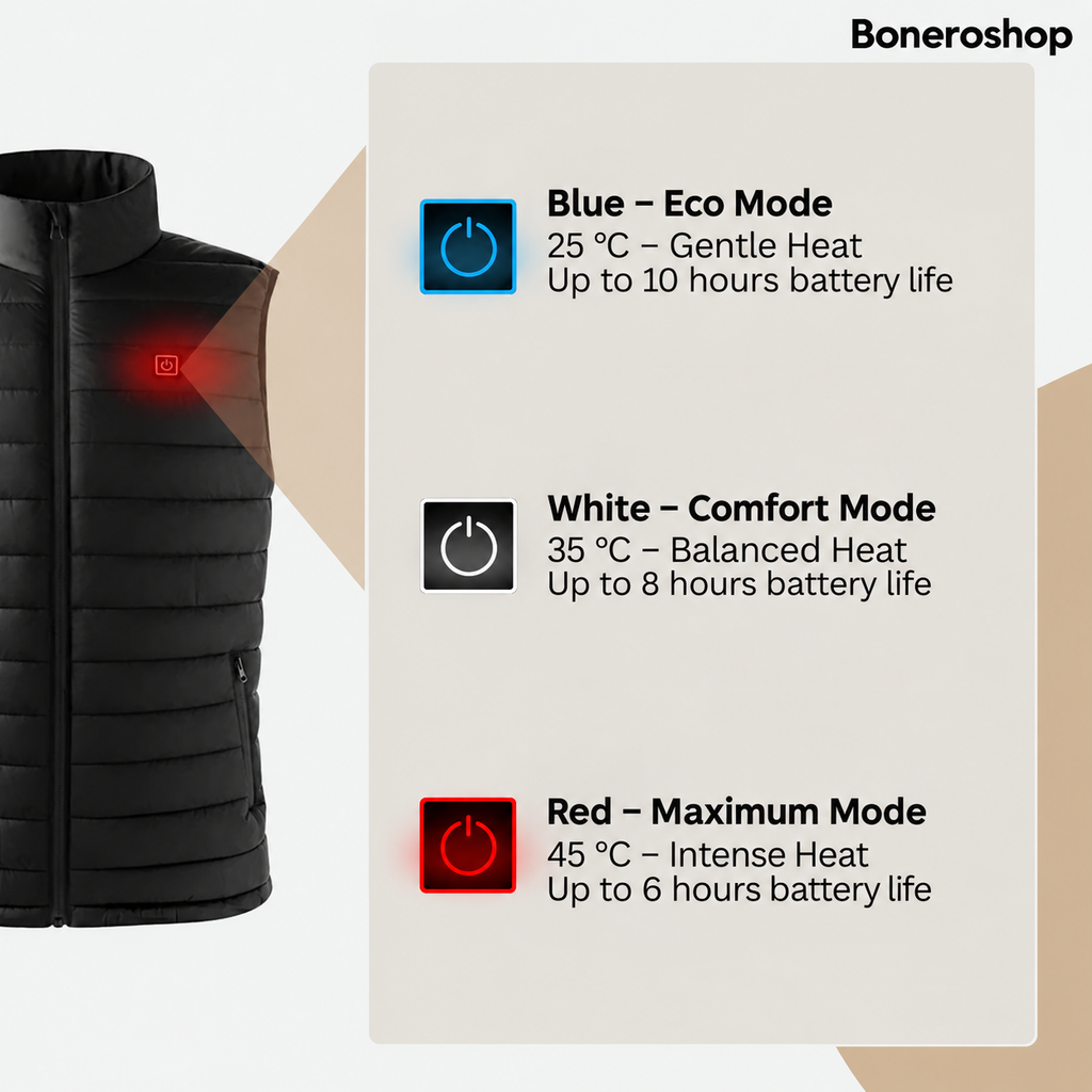 Boneroshop X Heated Gilet three heat setting controls with LED indicator display