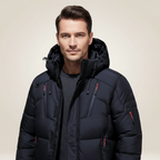 Nordfall Men's Winter Parka in black, full-length view highlighting waterproof construction.