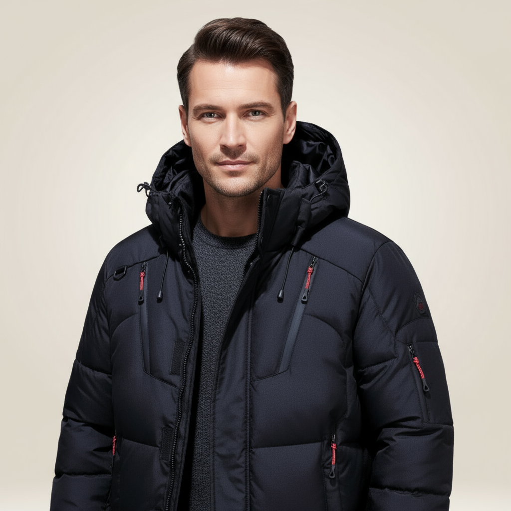 Nordfall Men's Winter Parka in black, full-length view highlighting waterproof construction.