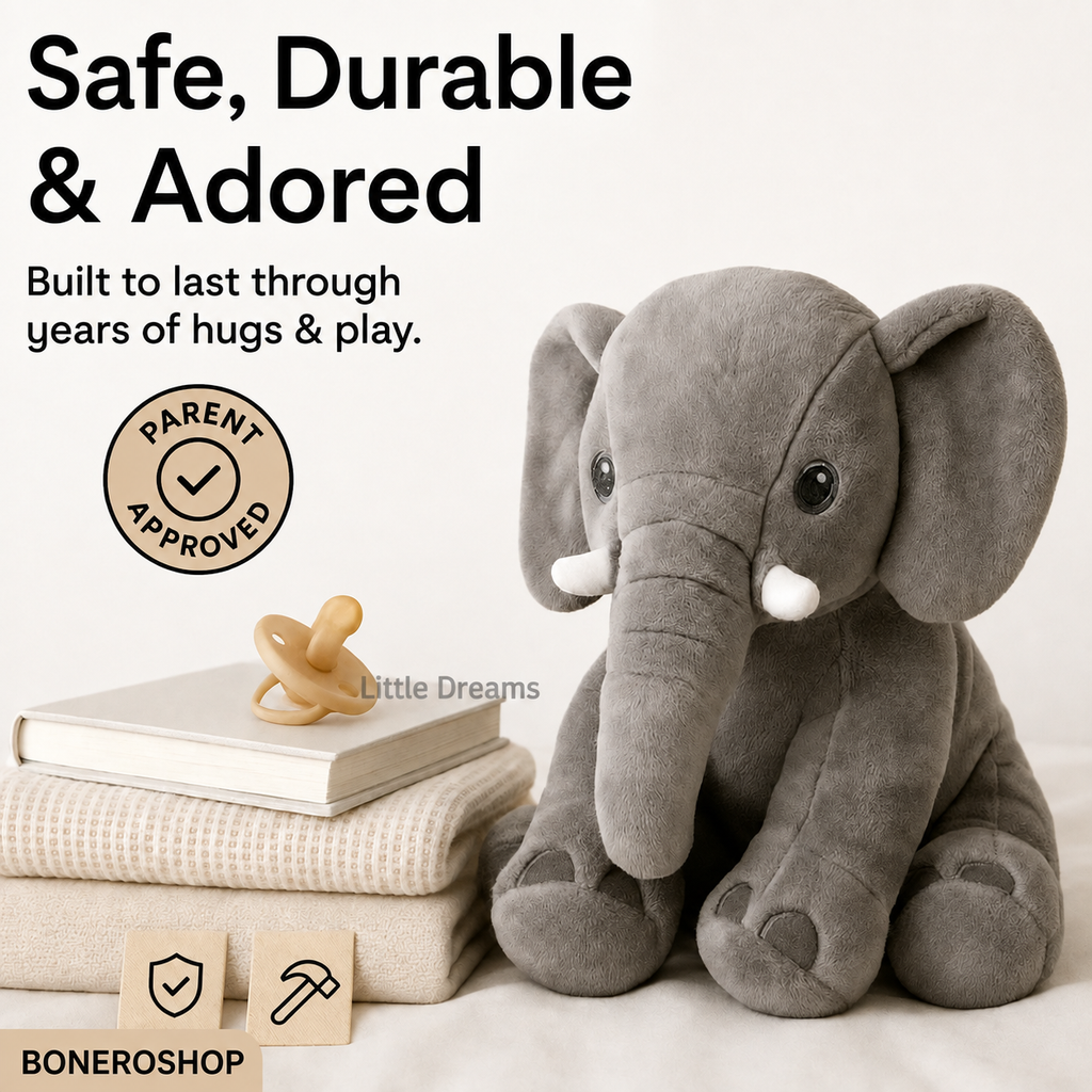 Close-up view of plush elephant pillow texture and reinforced stitching quality