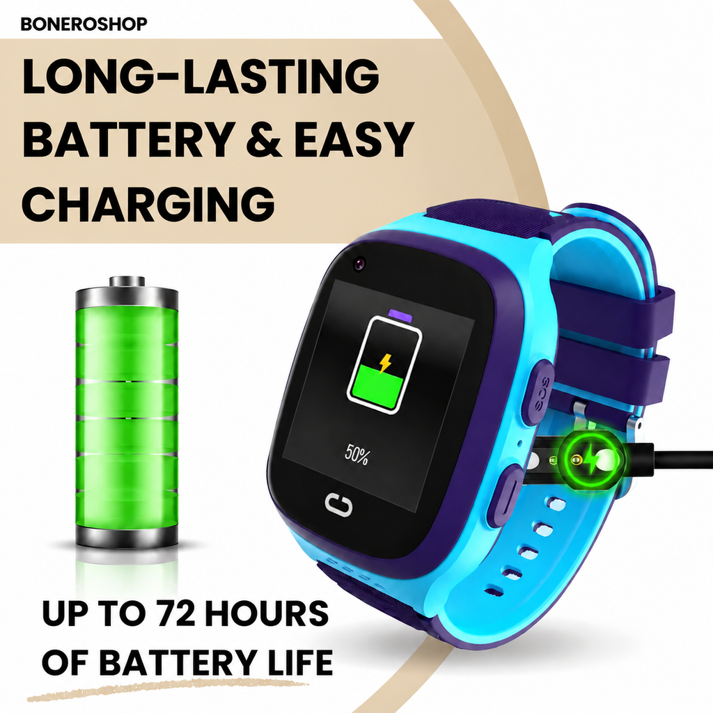 Technical specifications and battery information for the children's GPS watch.