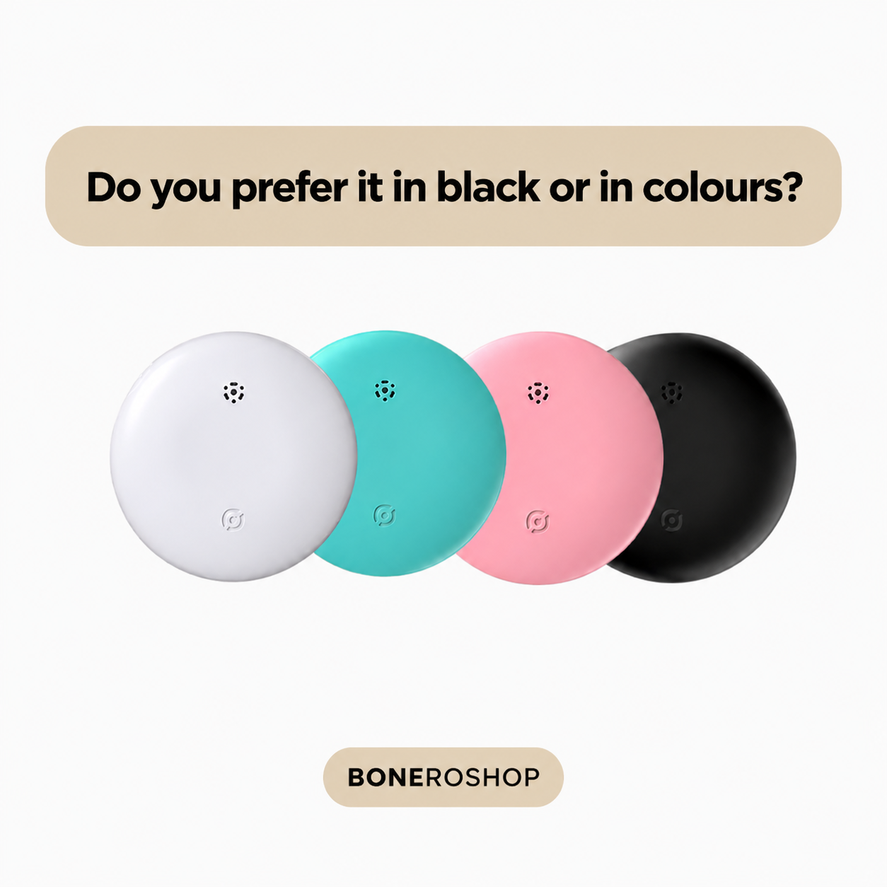 Children's GPS tracker available in four colours: white, black, blue and pink, displayed alongside smartphone