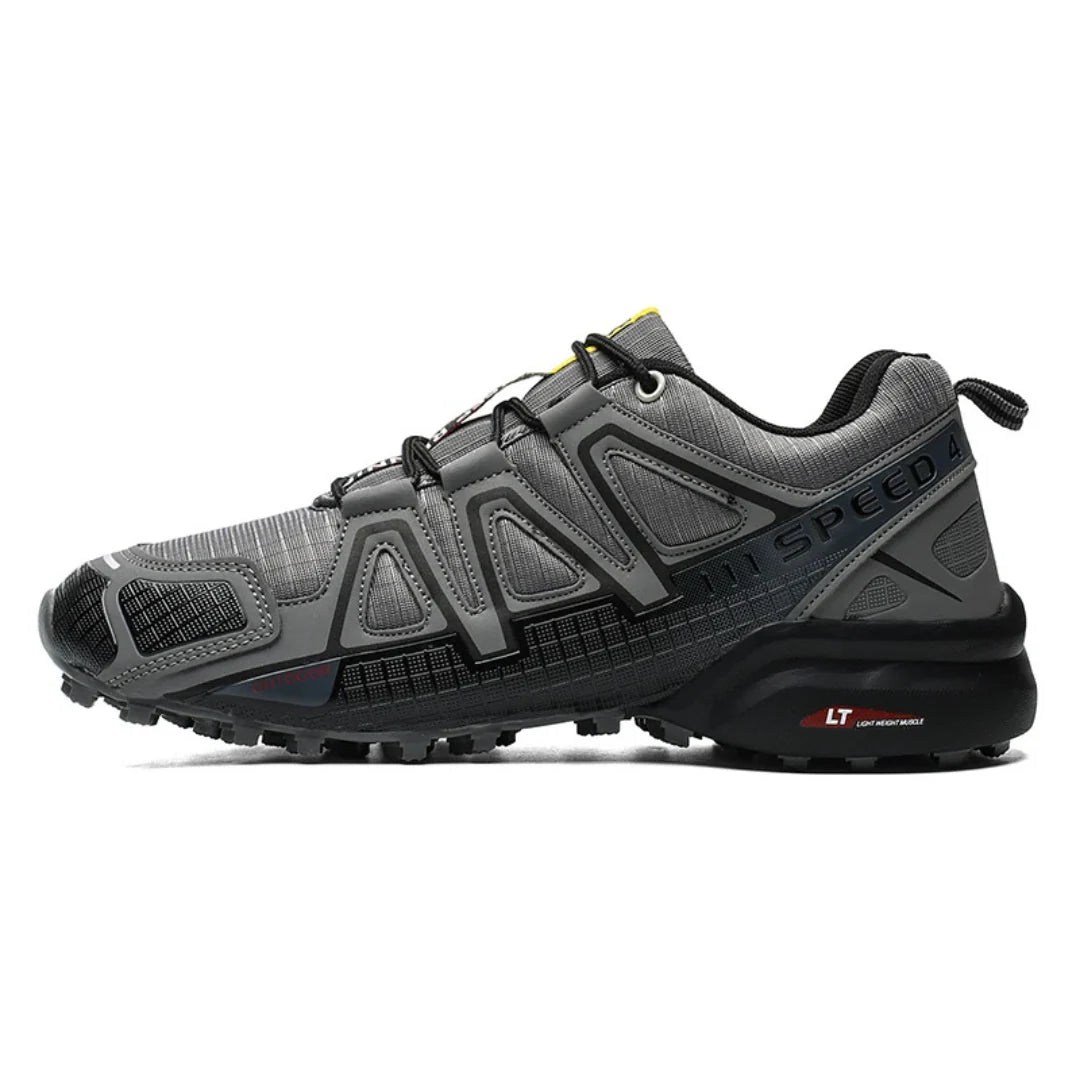SpeedCross IV trainers detail view of QuickLace fastening system and secure fit construction.
