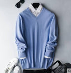 Men's grey cashmere crew neck jumper styled for casual wear