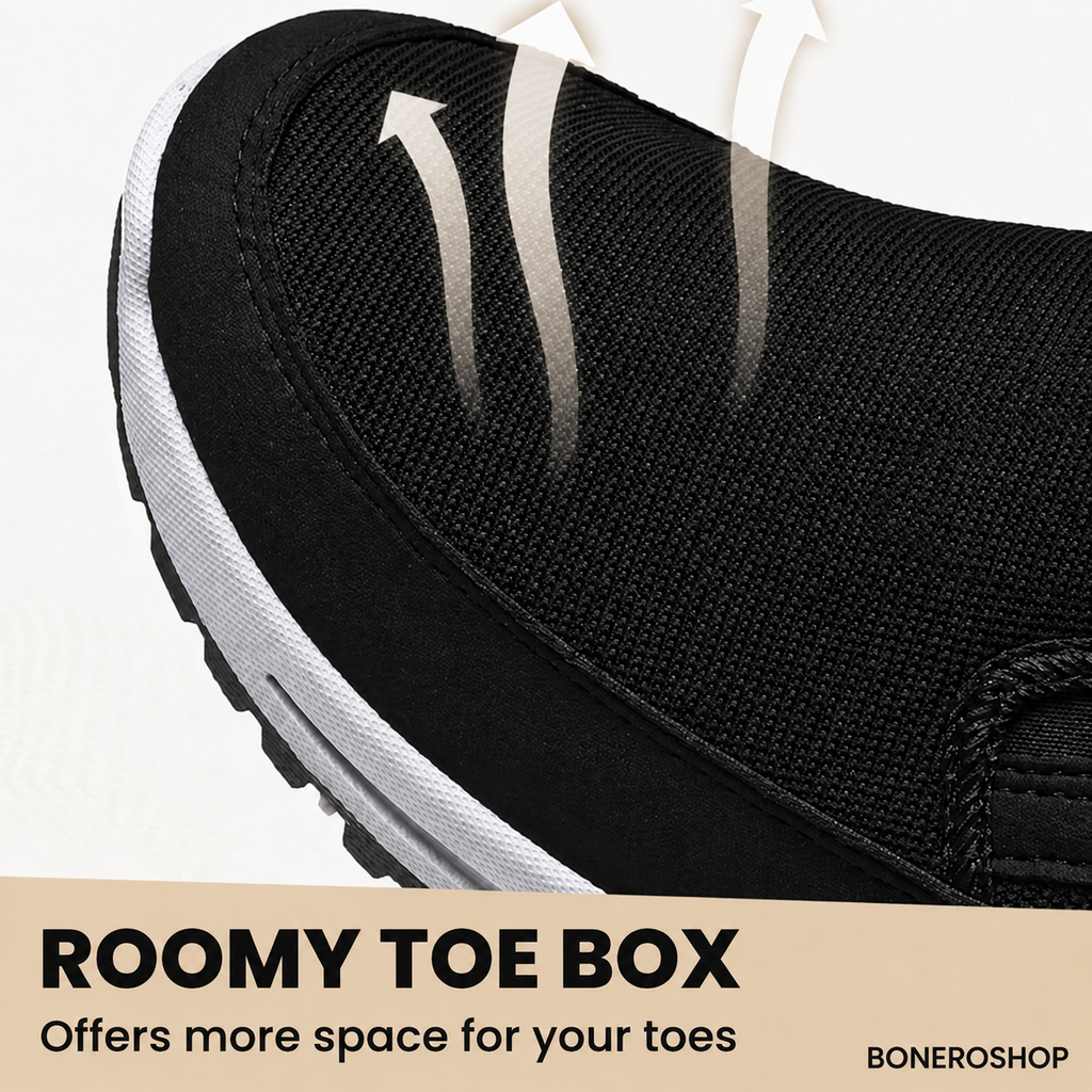 Side view of OrthoPro shoes highlighting breathable material and slip-on design