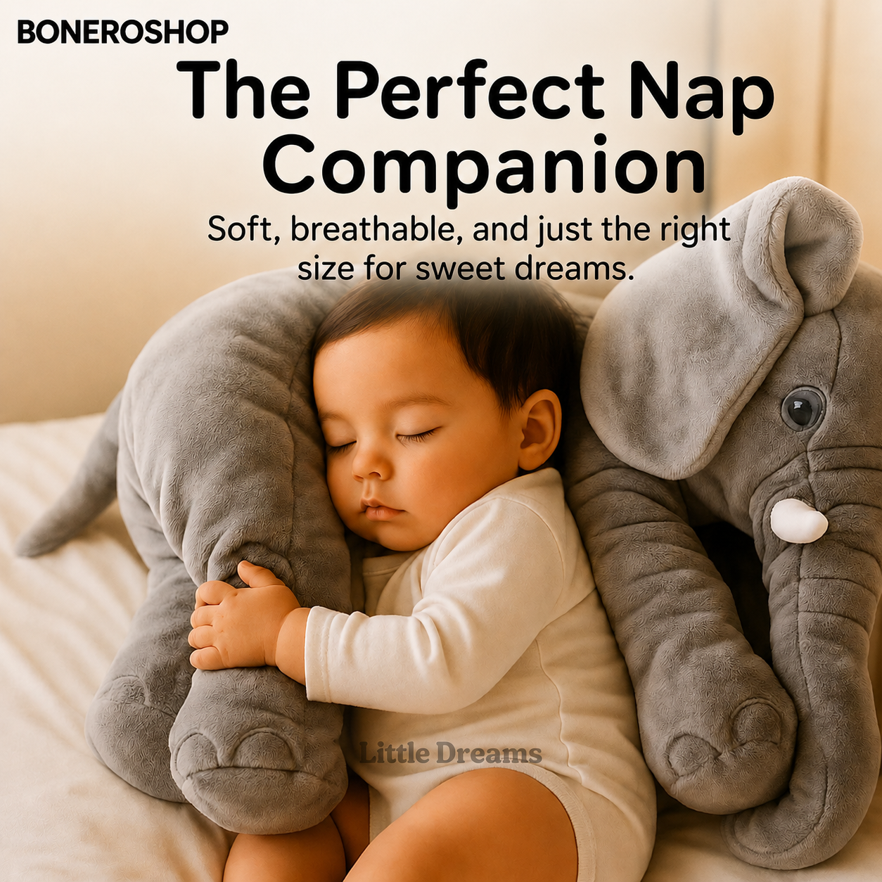 Blue elephant cuddle pillow being hugged by toddler during afternoon nap
