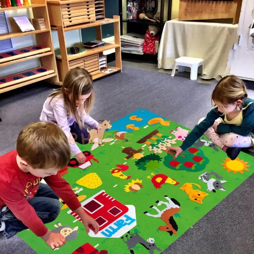 Full view of the 105×75cm Montessori felt board with all farm pieces arranged