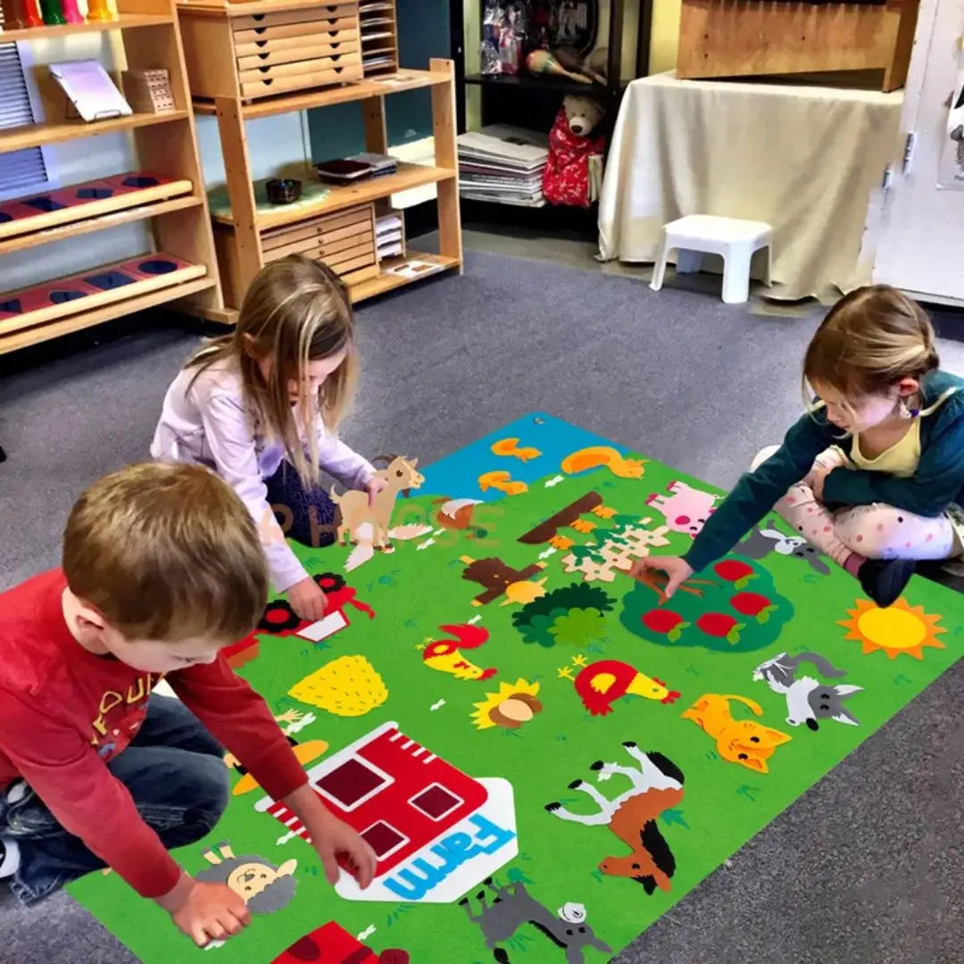 Full view of the 105×75cm Montessori felt board with all farm pieces arranged