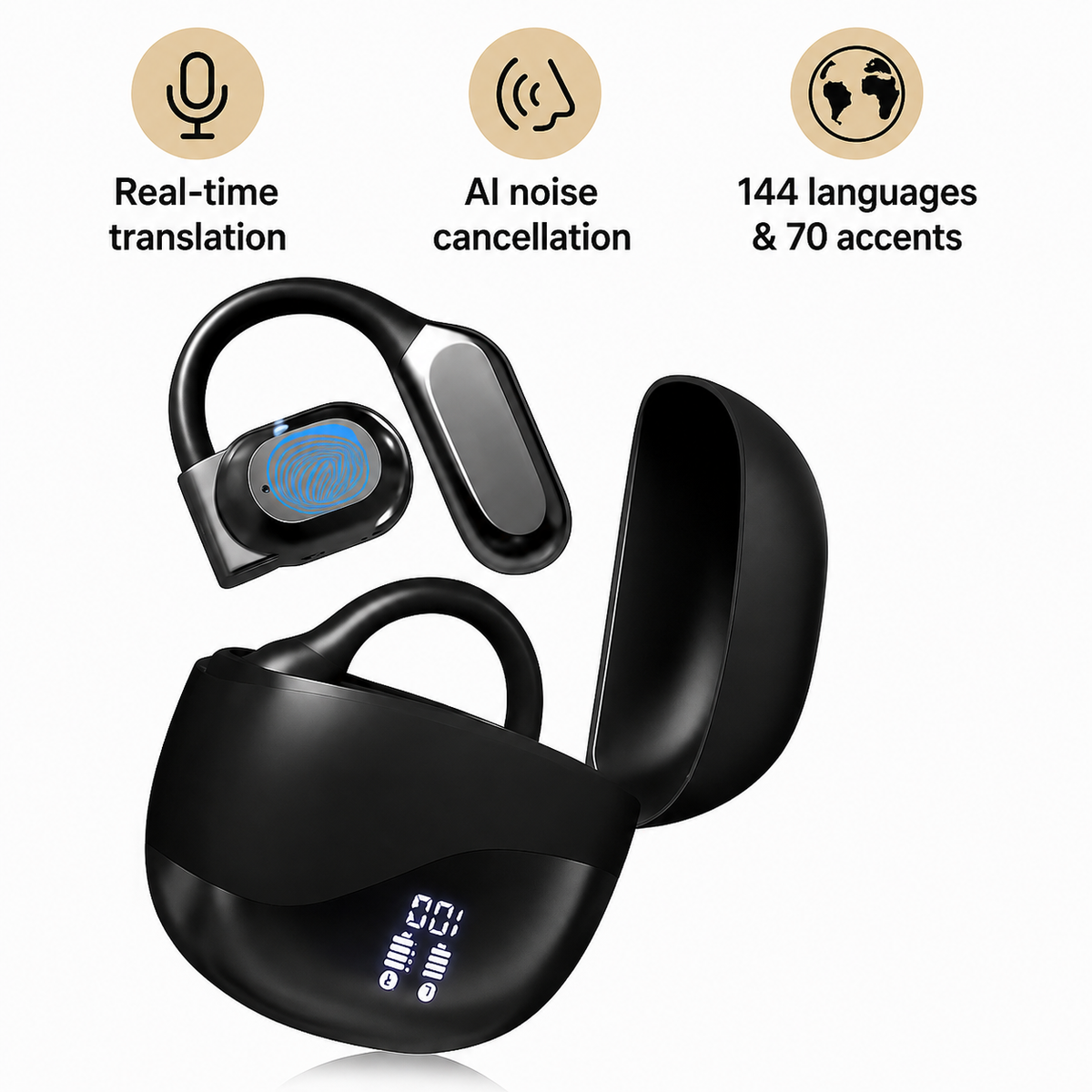 Smart translation earbuds demonstrating face-to-face translation mode