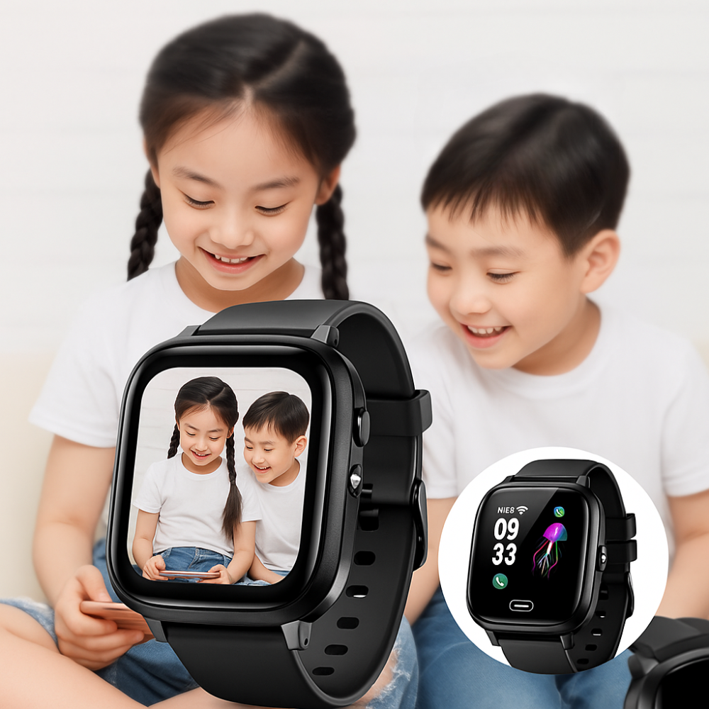 Kids' smartwatch display showing GPS tracking map, SOS button and contact list interface