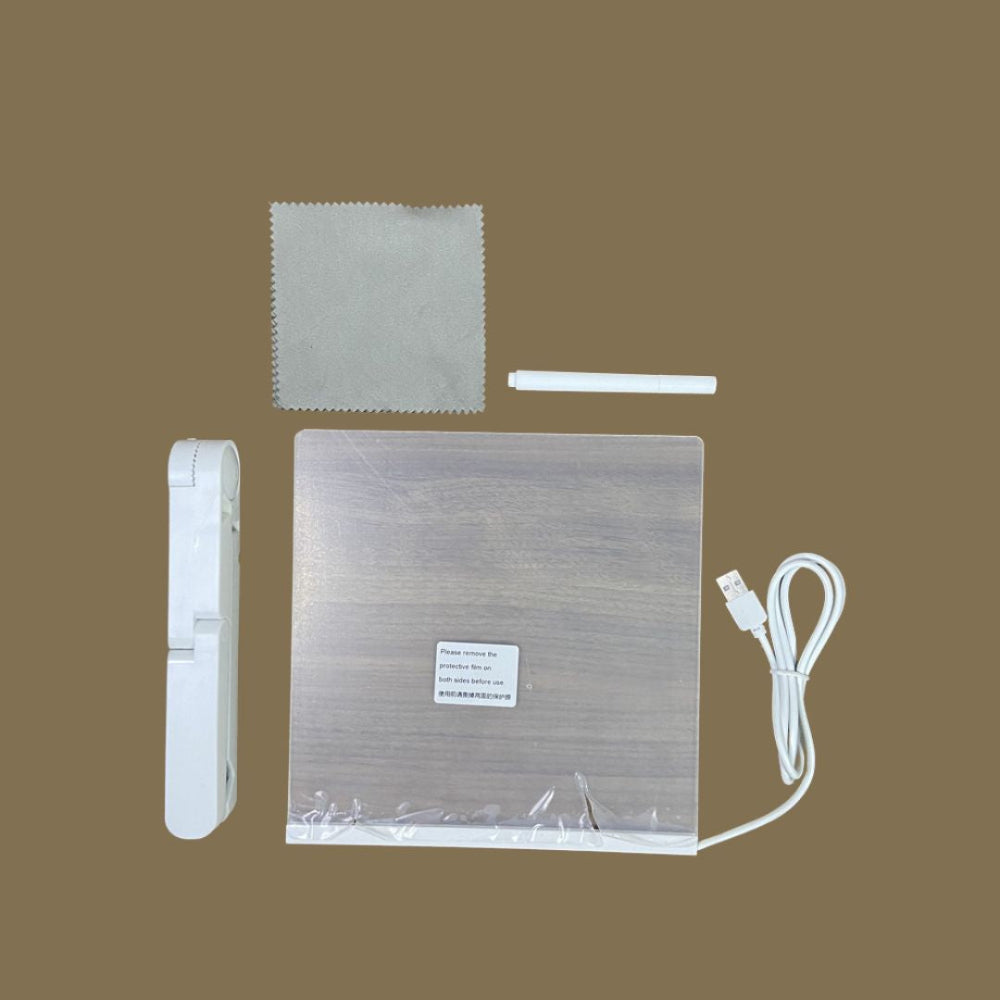 GlowCraft LED drawing tablet package contents including markers, cleaning cloth and quick start guide