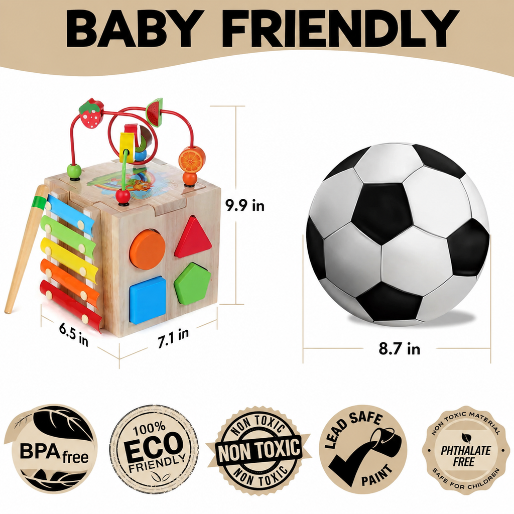 MINDBLOX wooden Montessori learning cube showing all sides with different educational games for toddlers