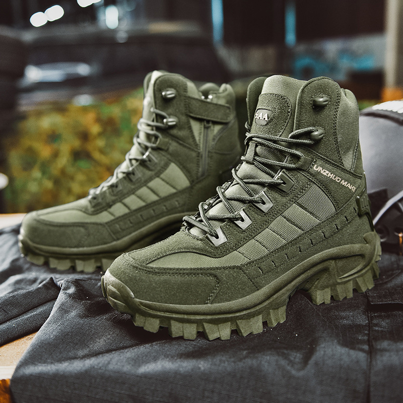Waterproof military boots in action during outdoor hiking and camping activities