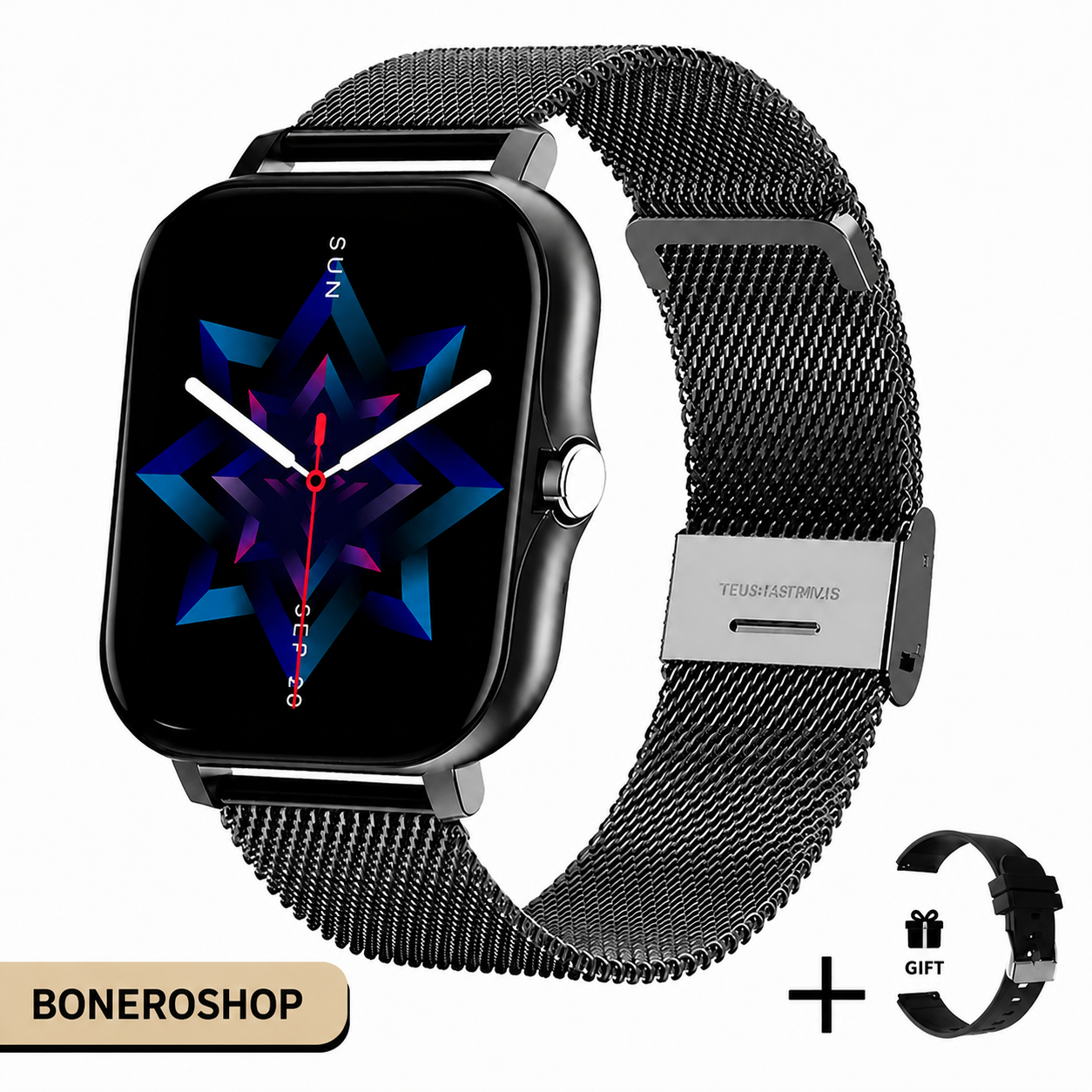 Women's smartwatch screen showing incoming call and message notification alerts