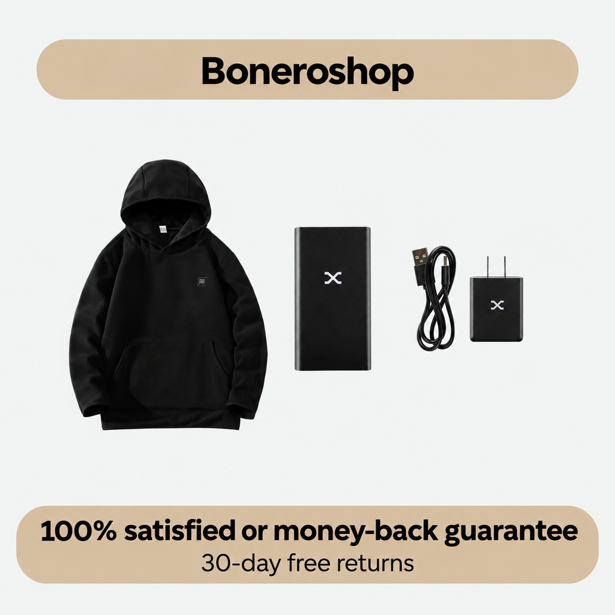 Interior view of Boneroshop X Heated Hoodie showing fleece lining and internal power bank pocket