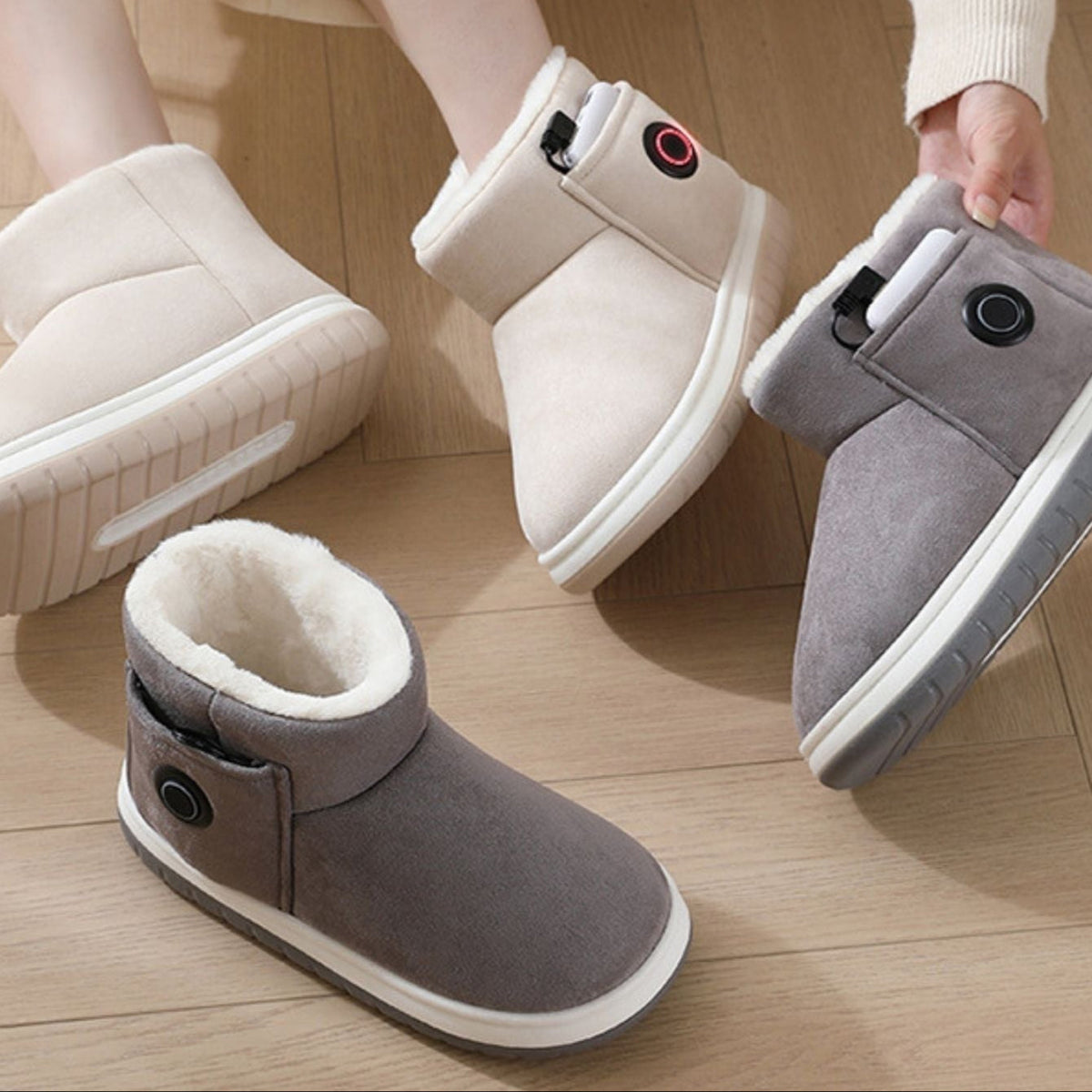 USB heated slippers connected to power bank showing portable heating functionality