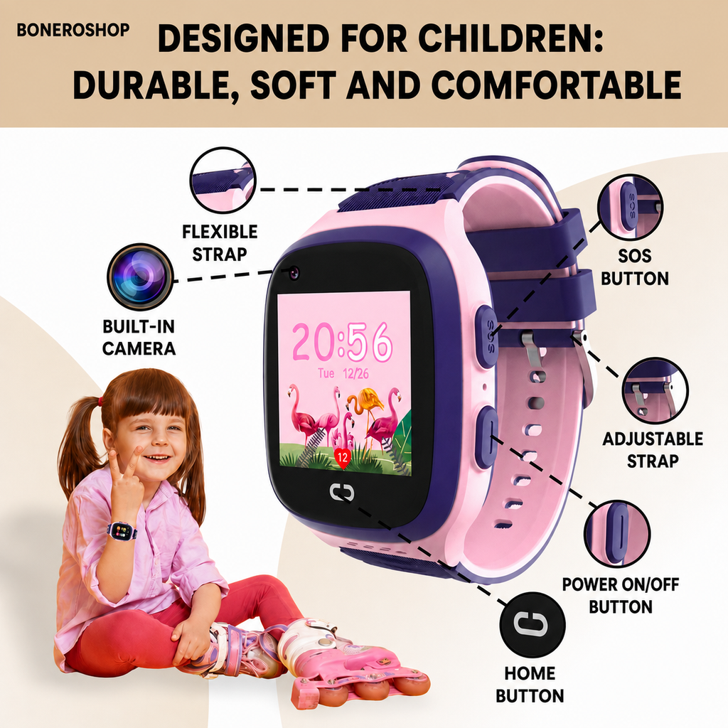 BONEROSHOP kids' smart watch with USB-C charging cable and instruction manual.
