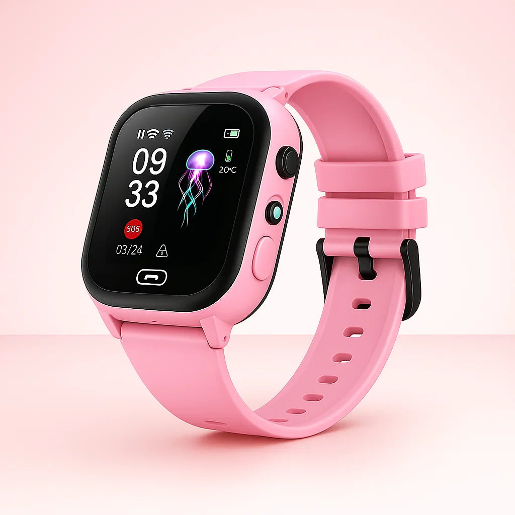 Three colour options of kids' GPS smartwatch: blue, black and pink, with charging cable