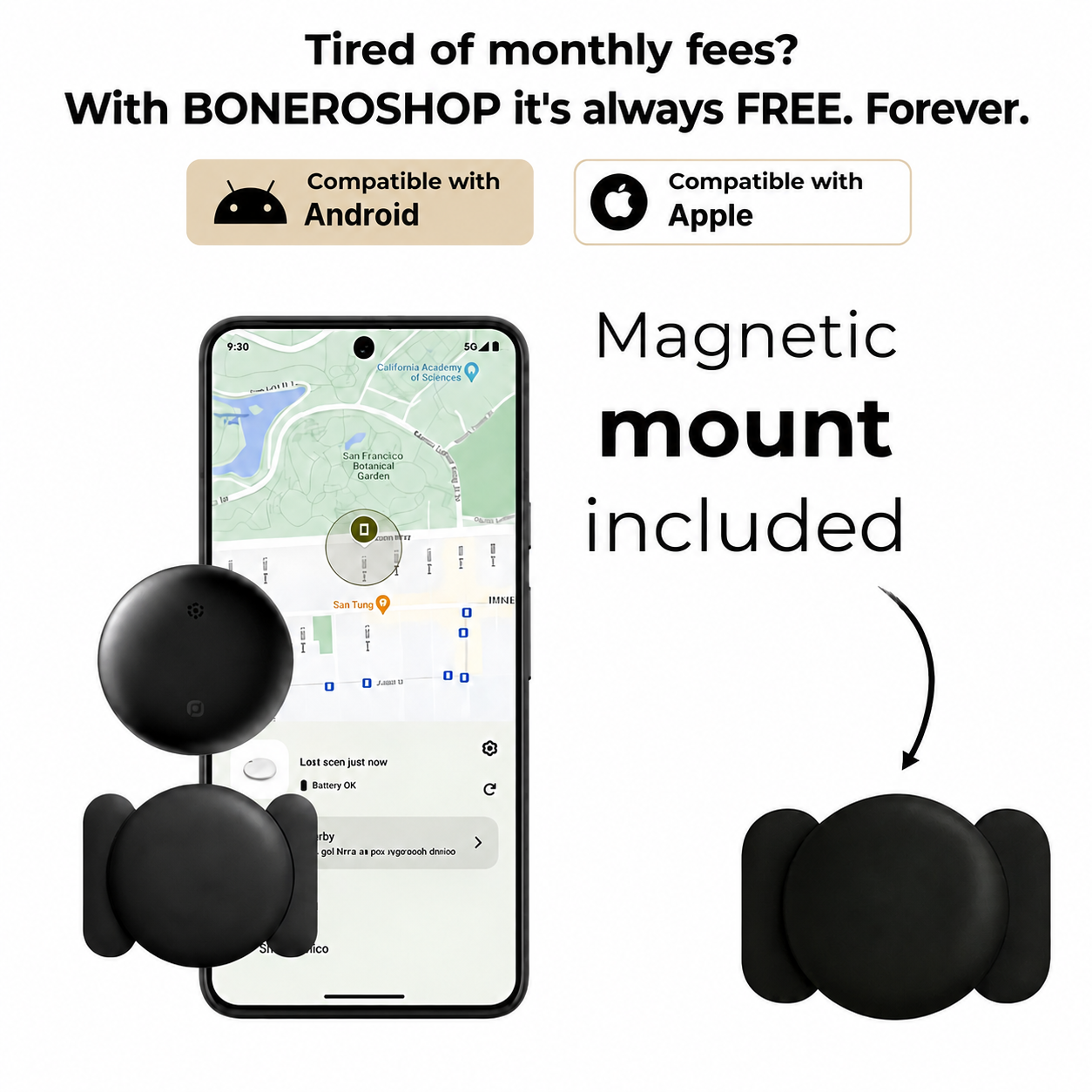Full GPS pet tracker kit including AirTag-compatible holder and pack of 5 CR2032 replacement batteries.