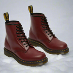 Side profile of Martens leather boots highlighting timeless silhouette