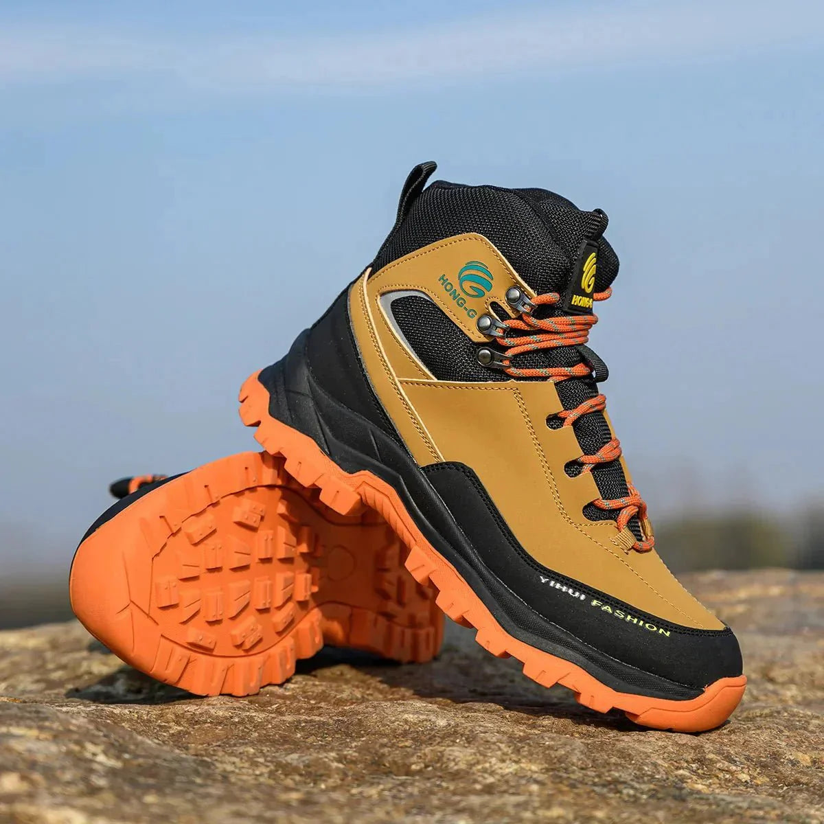 HONG-G waterproof work boots in industrial environment showing chemical-resistant anti-alkali system