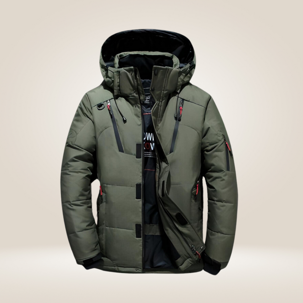Nordfall Men's Winter Parka in blue, worn by model in outdoor winter setting.