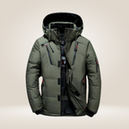 Nordfall Men's Winter Parka in blue, worn by model in outdoor winter setting.
