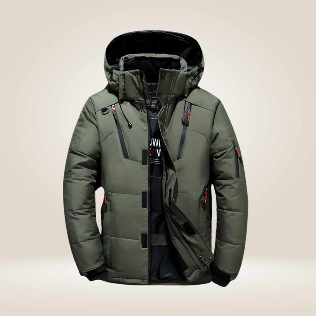 Nordfall Men's Winter Parka in blue, worn by model in outdoor winter setting.