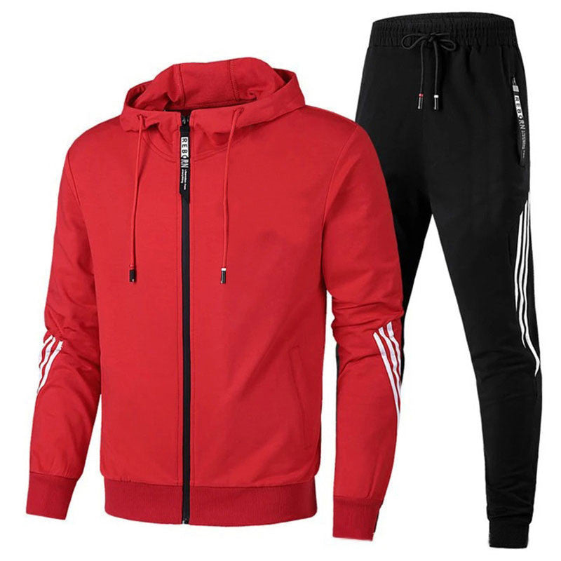 Comfortable sports tracksuit for men laid flat, displaying complete two-piece set.
