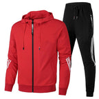 Comfortable sports tracksuit for men laid flat, displaying complete two-piece set.