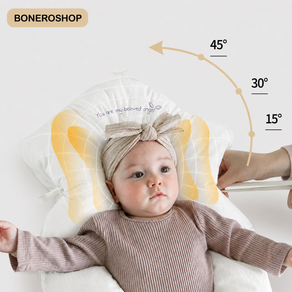 BONEROSHOP Ergonomic Baby Sleep Cushion in use, highlighting the breathable and hypoallergenic materials.