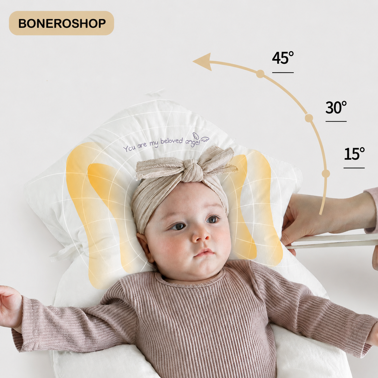 BONEROSHOP Ergonomic Baby Sleep Cushion in use, highlighting the breathable and hypoallergenic materials.