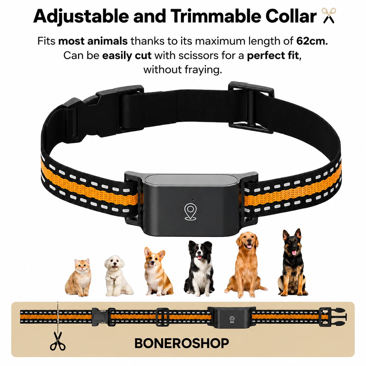 GPS collar complete package including collar unit, USB charging cable and instruction manual with no subscription fees