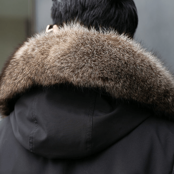Detail of Olivier parka's practical pocket design and stitching