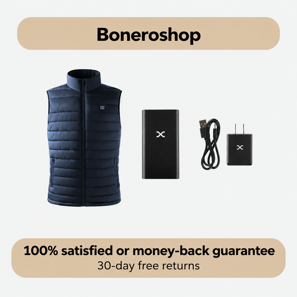 Boneroshop X Heated Gilet available in black and navy blue colours, displayed side by side