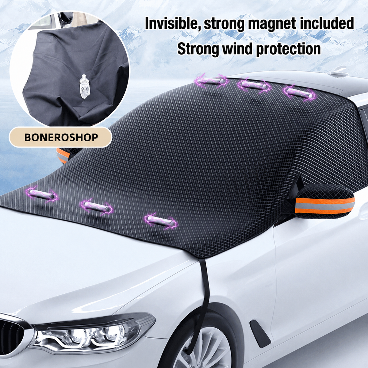 IceCover™ Magnetic Anti-Snow Car Cover providing full windscreen protection on a parked car