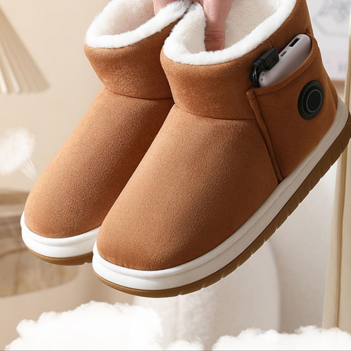 USB heated slippers available in multiple colours including brown, grey, off-white and black