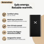 Boneroshop X Heated Gilet size chart and available colours in black and blue