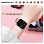 Women's smartwatch with included magnetic USB charging cable and IP67 water-resistant rating