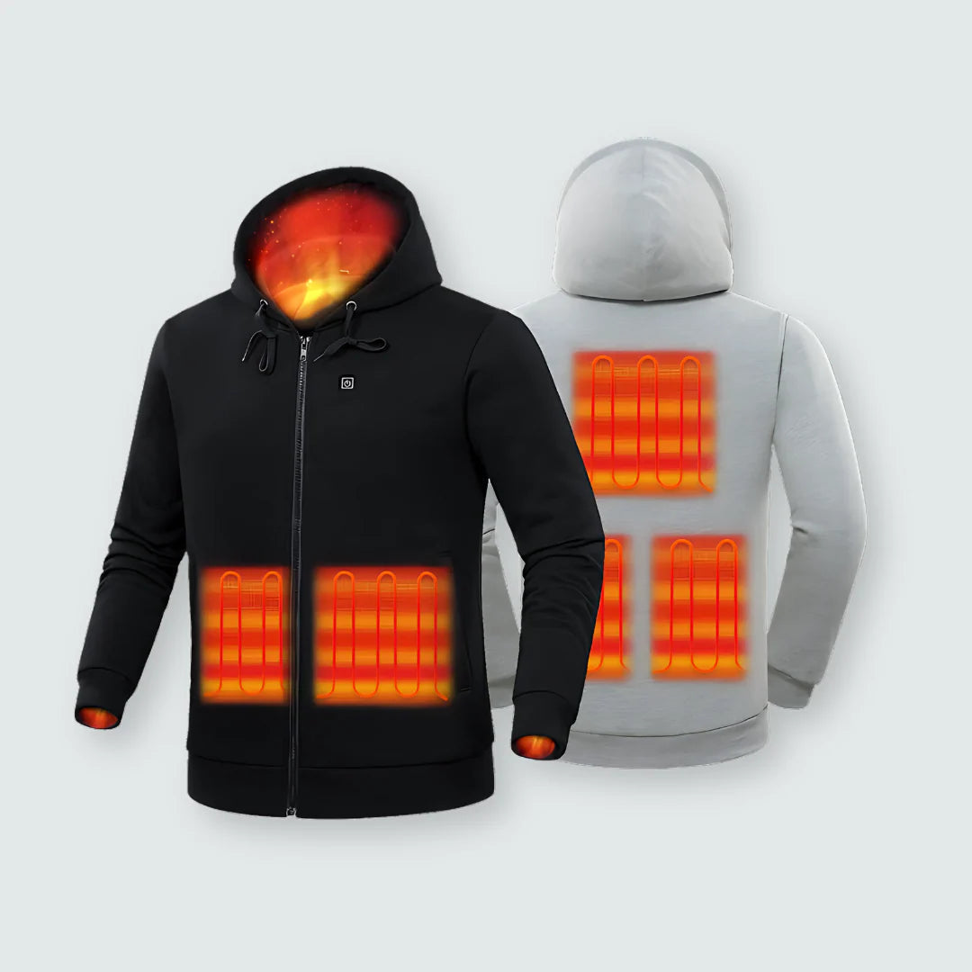 Person wearing grey Boneroshop X Heated Hoodie in casual setting