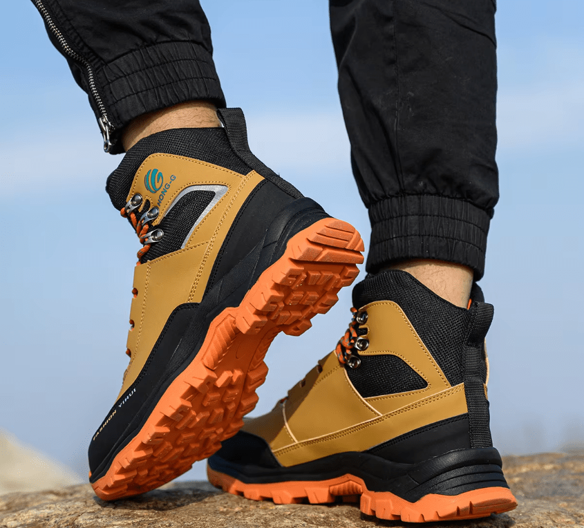 Top view of HONG-G work boots demonstrating high-cut ankle support and secure lacing system