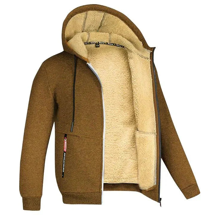 TOMMY fleece zip-up hooded sweatshirt in military green, front view.